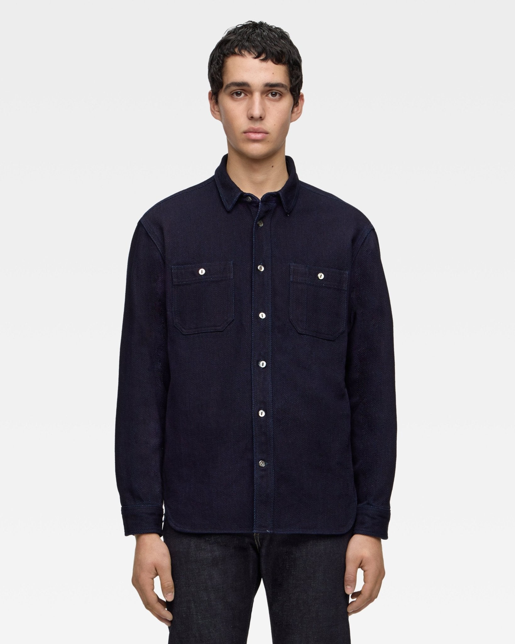 TRIPLE STITCH L/S DOBBY SHIRT - INDIGO – MOMOTARO JEANS