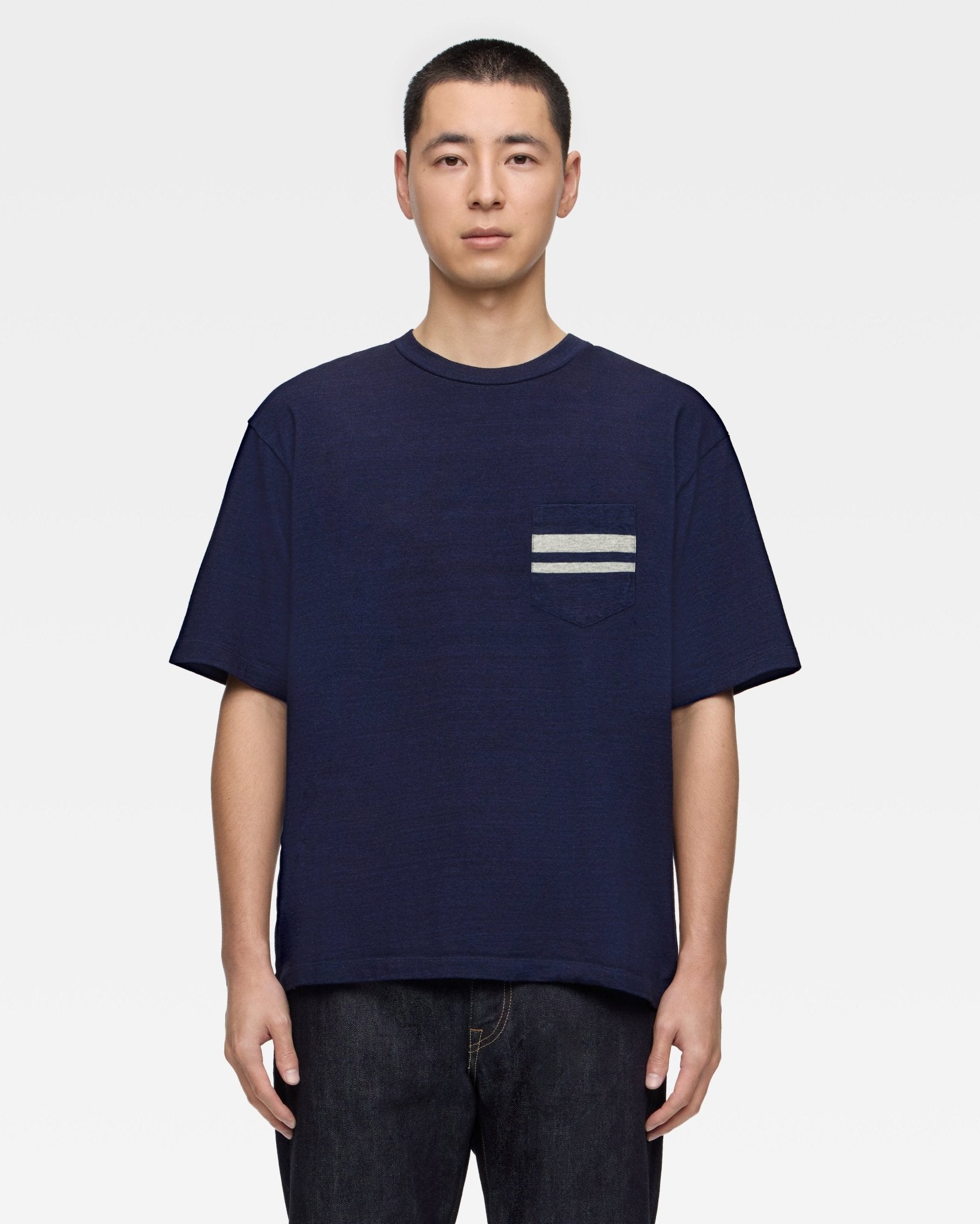 momotaro　今期　IENA NAVY ツイードジレ YARN DYED S/S POCKET TEE - INDIGO – MOMOTARO JEANS